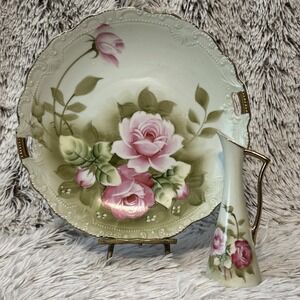 Lefton China Aqua Green Heritage Rose Gold Handle 9" Cake Serving Plate Bud Vase